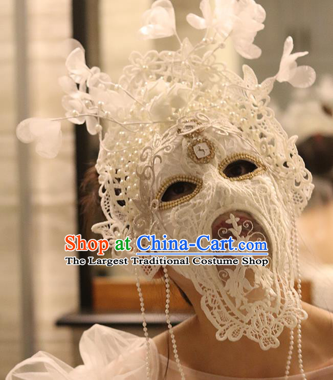 Top Stage Performance Silk Flowers Face Accessories Fancy Ball Decorations Halloween Cosplay Princess White Lace Feather Mask