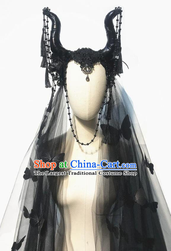 Handmade Queen Black Ox Horn Royal Crown Stage Show Headdress Halloween Cosplay Hair Accessories