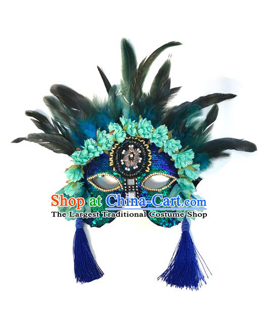 Top Cosplay Princess Blue Sequins Mask Halloween Stage Performance Face Accessories Fancy Ball Feather Decorations