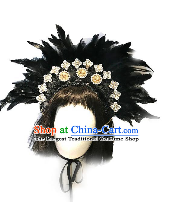 Handmade Stage Show Headdress Halloween Cosplay Hair Accessories Gothic Queen Black Feather Royal Crown