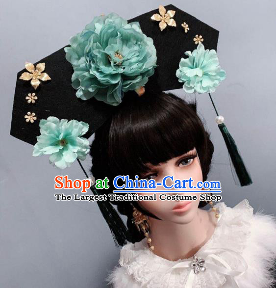 China Traditional Qing Dynasty Giant Headwear Ancient Princess Hair Accessories Green Peony Hat