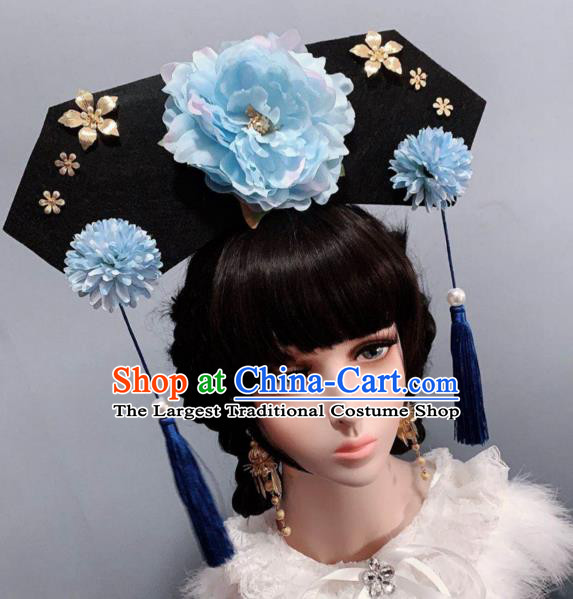 China Ancient Princess Hair Accessories Traditional Blue Peony Hat Qing Dynasty Giant Headwear