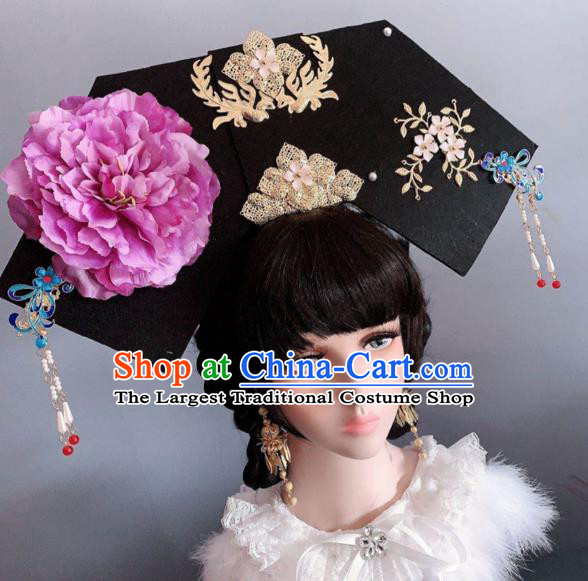 China Ancient Imperial Consort Hair Accessories Qing Dynasty Manchu Purple Peony Hat Traditional Giant Headwear