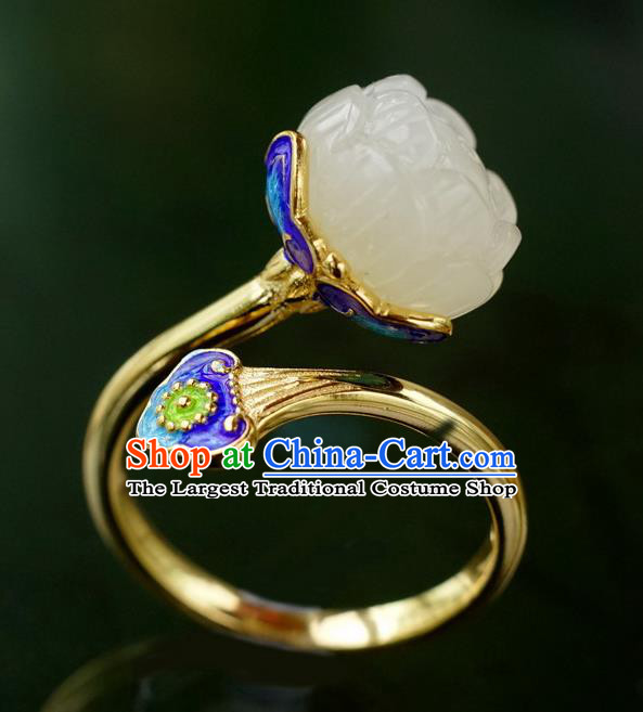 China Ancient Court Queen White Jade Lotus Seedpod Ring Traditional Cloisonne Jewelry Accessories