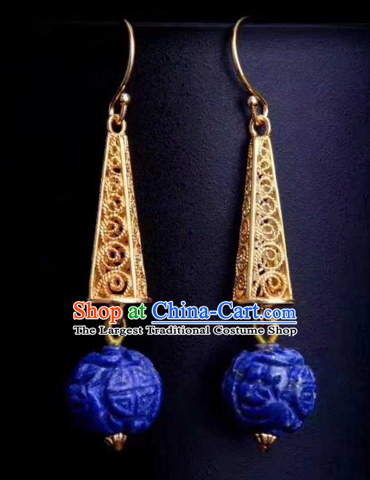 Handmade Chinese Traditional Lapis Ear Accessories Classical Qing Dynasty Court Earrings Jewelry