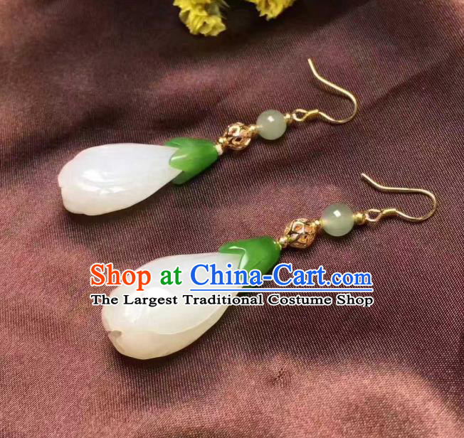 Handmade Chinese Traditional Ear Accessories Classical Qing Dynasty Court Jade Mangnolia Earrings Jewelry