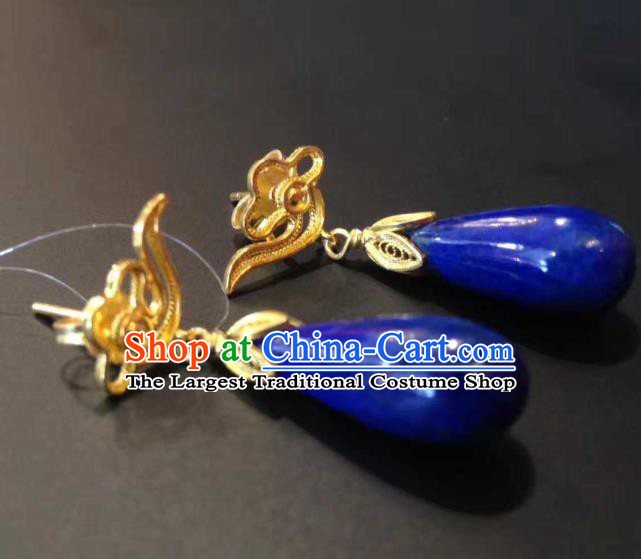 Handmade Chinese Classical Qing Dynasty Court Lapis Earrings Jewelry Traditional Ear Accessories