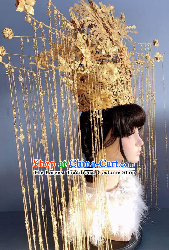 Handmade Chinese Traditional Wedding Hair Accessories Ancient Bride Deluxe Tassel Phoenix Coronet