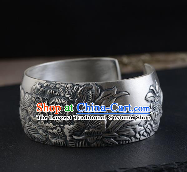 China Traditional National Bangle Accessories Carving Peony Silver Bracelet