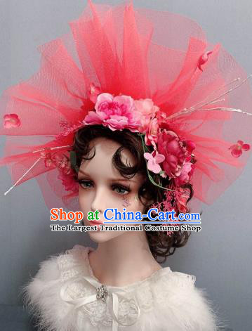 Europe Princess Watermelon Red Veil Top Hat Noble Lady Wedding Hair Accessories Handmade Stage Show Headwear