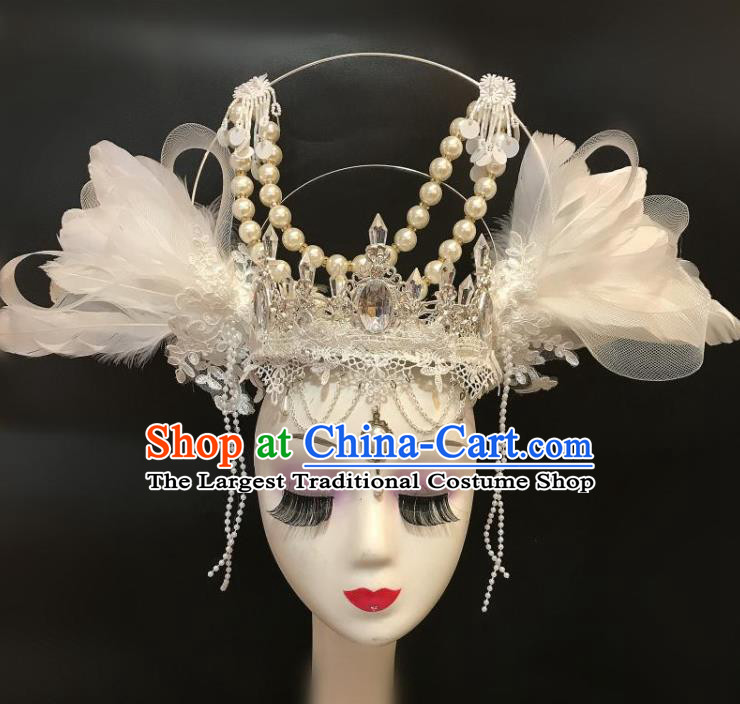 Handmade Cosplay Gothic Queen Royal Crown Stage Show Hair Clasp Halloween White Feather Wings Hair Accessories