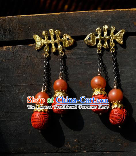 China Traditional Vermilion Carving Beads Jewelry Handmade Ear Accessories National Golden Fishbone Tassel Earrings