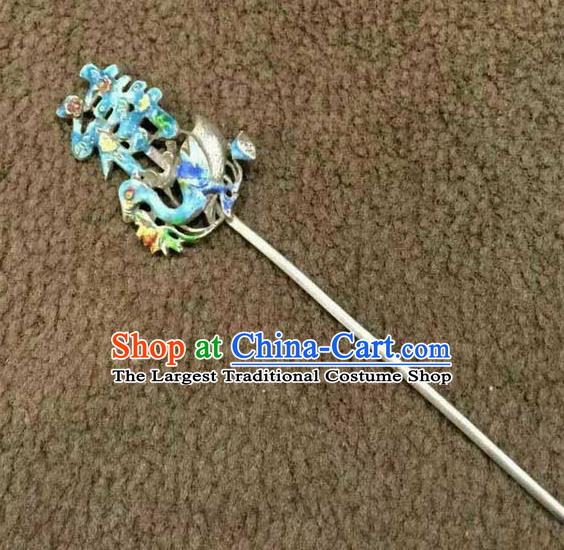 China Handmade Hair Accessories National Cloisonne Shou Character Hair Stick Traditional Wedding Silver Duck Hairpin