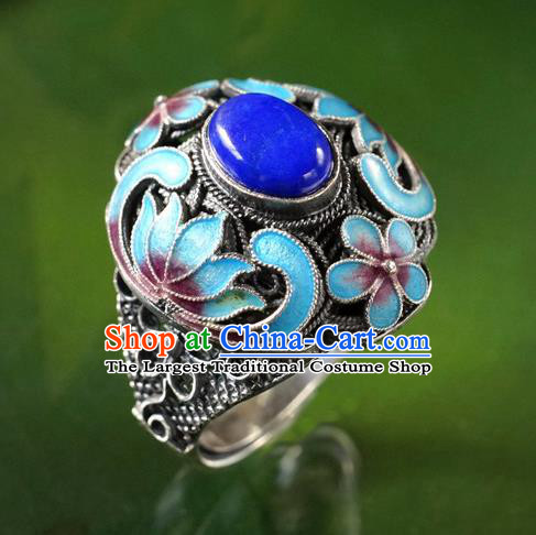 China Ancient Court Woman Lapis Jewelry Traditional Qing Dynasty Queen Cloisonne Ring Silver Accessories