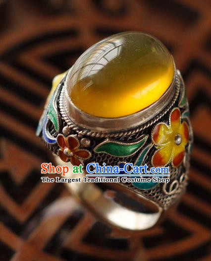 China Ancient Court Woman Opal Circlet Silver Jewelry Traditional Qing Dynasty Queen Enamel Plum Ring Accessories