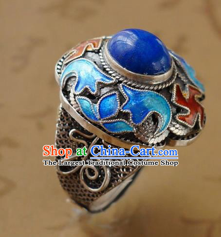 China Traditional Qing Dynasty Lapis Ring Accessories Ancient Court Woman Cloisonne Circlet Silver Jewelry