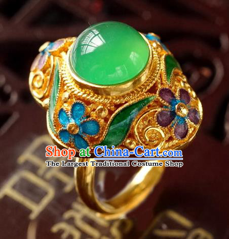 China Traditional Qing Dynasty Empress Circlet Jewelry Golden Ring Ancient Court Woman Chrysoprase Accessories