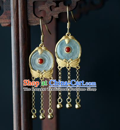 Handmade Chinese Traditional Golden Bells Tassel Earrings Jewelry Cheongsam Jade Ear Accessories