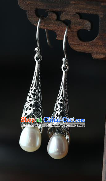 Handmade Chinese Ear Accessories Traditional Silver Carving Earrings Cheongsam Pearl Jewelry