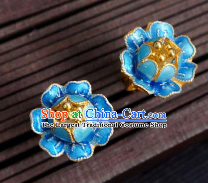 Handmade Chinese Traditional Cheongsam Ear Accessories Enamel Blue Peony Earrings Jewelry