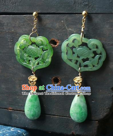 China Traditional Ancient Qing Dynasty Green Jade Earrings Handmade Ear Accessories National Jewelry