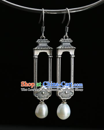 Handmade Chinese Traditional Pearl Ear Jewelry Eardrop Accessories Silver Carving Palace Earrings