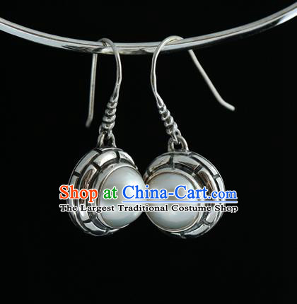 Handmade Chinese Traditional Pearl Ear Jewelry Eardrop Accessories Palace Silver Carving Earrings