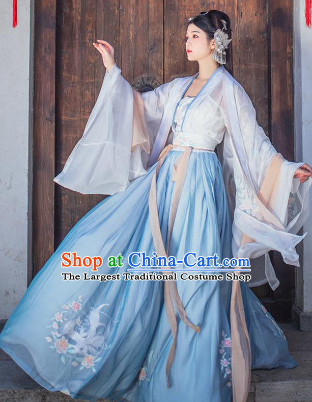 China Ancient Imperial Concubine Blue Embroidered Hanfu Clothing Traditional Tang Dynasty Palace Historical Costumes for Women