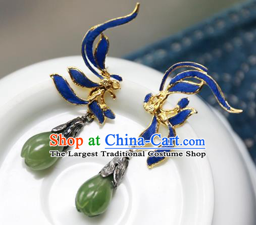 China Ancient Court Queen Earrings Traditional National Jewelry Handmade Qing Dynasty Jadeite Mangnolia Ear Accessories