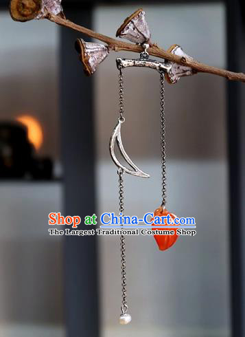 China National Cheongsam Agate Earrings Traditional Silver Jewelry Handmade Long Tassel Ear Accessories