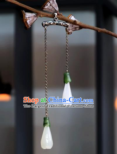 China Handmade Jade Yulan Magnolia Ear Accessories National Cheongsam Earrings Traditional Silver Jewelry Ornaments