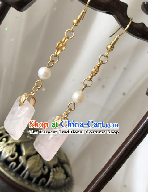 China Cheongsam Earrings Traditional Ming Dynasty Jewelry Ornaments Handmade Ancient Princess Rose Quartz Ear Accessories