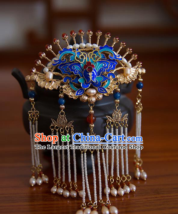 China Ming Dynasty Palace Tassel Hair Stick Traditional Hanfu Hair Accessories Ancient Empress Blueing Butterfly Hairpin