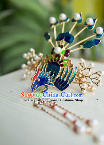 China Ming Dynasty Blueing Phoenix Hair Crown Traditional Hanfu Hair Accessories Ancient Empress Tassel Hairpin