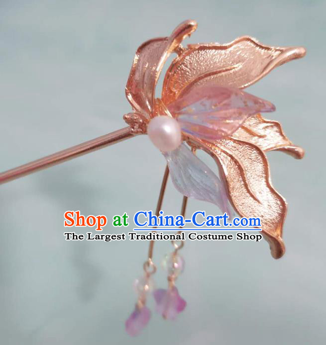 China Traditional Hanfu Hair Accessories Qing Dynasty Pink Orchid Hairpin Ancient Court Woman Tassel Hair Clip