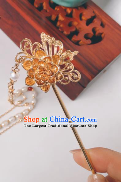 China Ming Dynasty Golden Lotus Butterfly Hair Stick Traditional Hanfu Hair Accessories Ancient Princess Tassel Hairpin