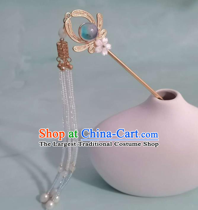 China Ming Dynasty Beads Tassel Hairpin Ancient Court Woman Brass Hair Crown Traditional Hanfu Hair Accessories