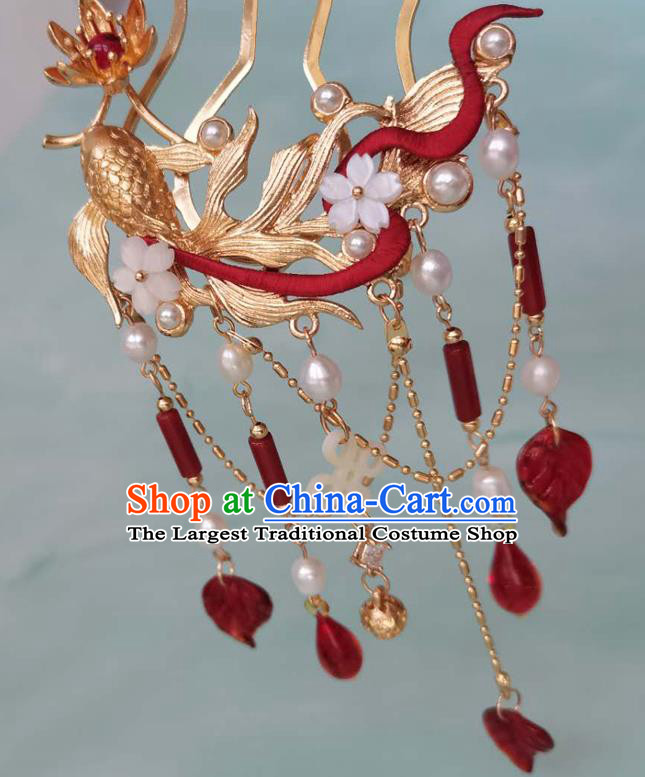 China Song Dynasty Golden Fish Hair Comb Ancient Court Woman Hairpins Traditional Hanfu Hair Accessories Agate Tassel Hair Stick