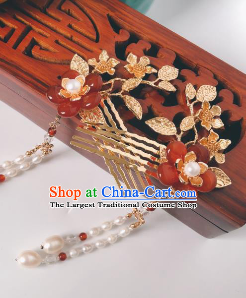 China Hanfu Hair Accessories Traditional Ancient Princess Pearls Tassel Hairpin Agate Plum Blossom Hair Comb