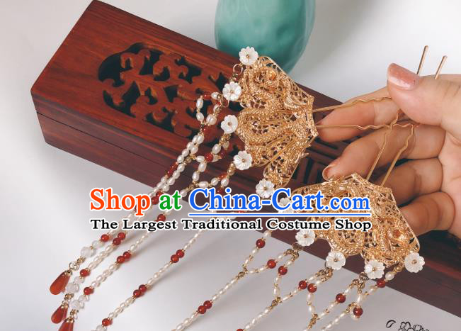 China Traditional Ancient Empress Pearls Tassel Hairpin Golden Dragon Hair Sticks Ming Dynasty Hanfu Hair Accessories