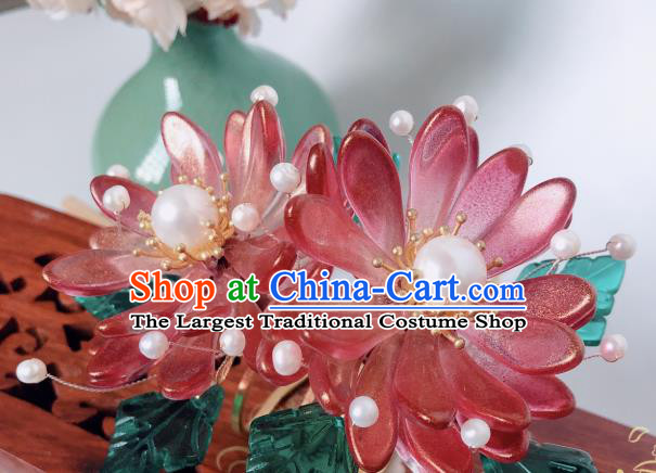 China Song Dynasty Princess Red Chrysanthemum Hair Comb Traditional Hanfu Hair Accessories Ancient Court Hairpin