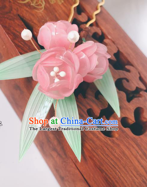 China Ming Dynasty Young Lady Hair Stick Traditional Hanfu Hair Accessories Ancient Princess Pink Begonia Hairpin