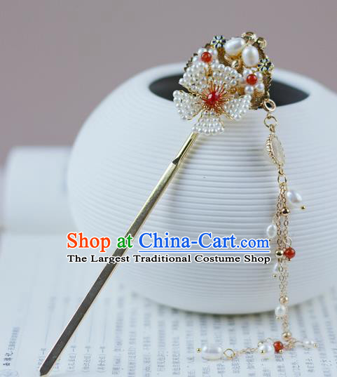 China Traditional Hanfu Pearls Hair Accessories Ancient Ming Dynasty Court Princess Tassel Hairpin