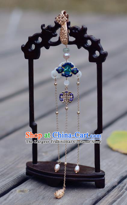 Chinese Handmade Breastpin Traditional Collar Accessories Cheongsam Blueing Brooch Jewelry White Jade Tassel Pendant