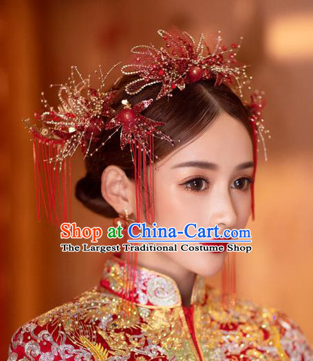 China Handmade Red Silk Hair Comb Traditional Wedding Xiuhe Suit Headwear Bride Hair Accessories Tassel Hairpins Complete Set