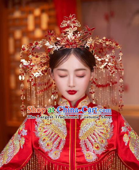 China Bride Tassel Hair Crown Traditional Wedding Hair Accessories Handmade Xiuhe Suit Deluxe Phoenix Coronet