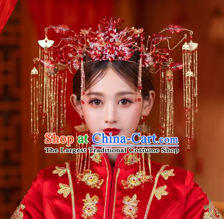 China Bride Red Beads Hair Crown Traditional Handmade Xiuhe Suit Deluxe Phoenix Coronet Wedding Hair Accessories