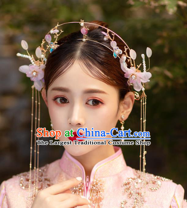 China Handmade Pink Flowers Hair Clasp Traditional Wedding Hair Accessories Bride Hair Crown