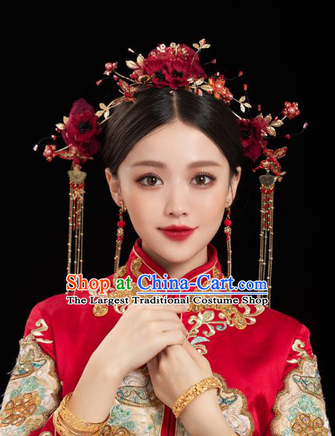 China Traditional Handmade Xiuhe Suit Hair Accessories Wedding Bride Hair Jewelry Red Silk Flower Hair Crown Hairpins Full Set