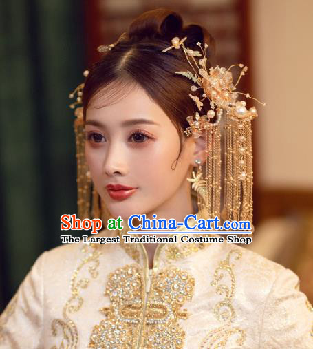 China Traditional Wedding Hair Accessories Bride Golden Hairpins Tassel Hair Sticks Full Set